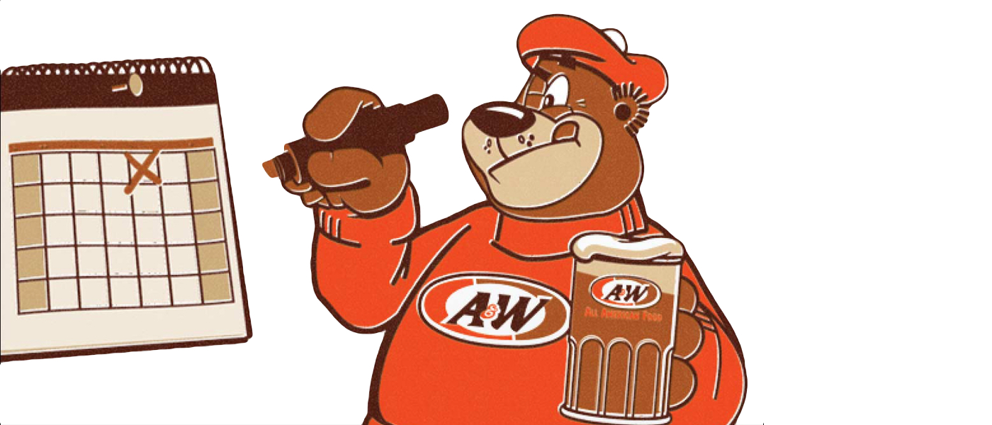 Rooty the Great Root Bear holding mug of A&W Root Beer in one hand and a marker in the other. Rooty is marking dates on a calendar.
